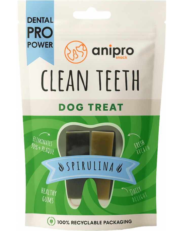 Дентални лакомства за кучета anipro Dental Pro Power Дентални лакомства за кучета anipro Dental Pro Power - 84 g, със спирулина, от серията Clean Teeth, за всички породи, над 6 месеца - храна