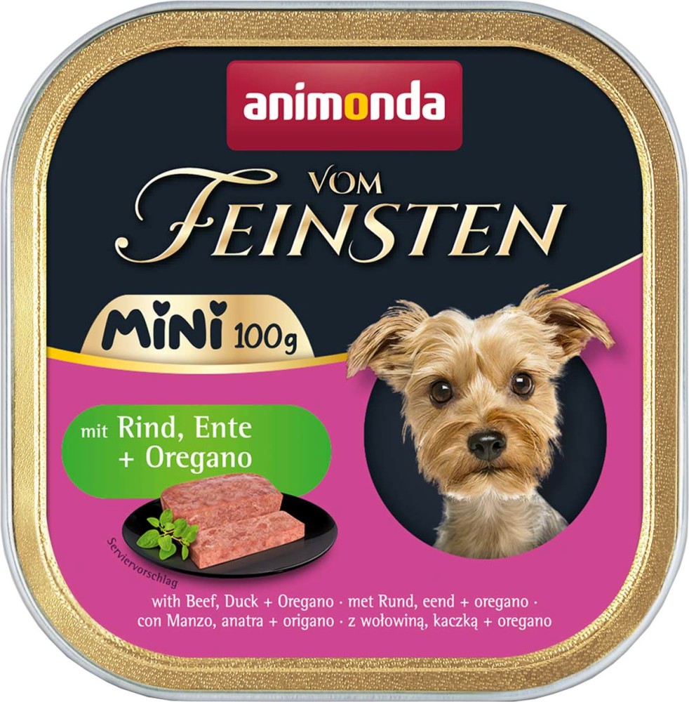 Пастет за кучета Animonda Vom Feinsten Adult Mini Пастет за кучета Animonda Vom Feinsten Adult Mini - 100 g, с говеждо, патешко и риган, за малки породи, в зряла възраст - храна