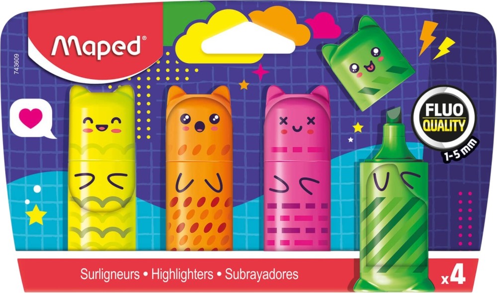 Мини текст маркери Maped Kawaii Fluo Мини текст маркери Maped Kawaii Fluo - 4 цвята -