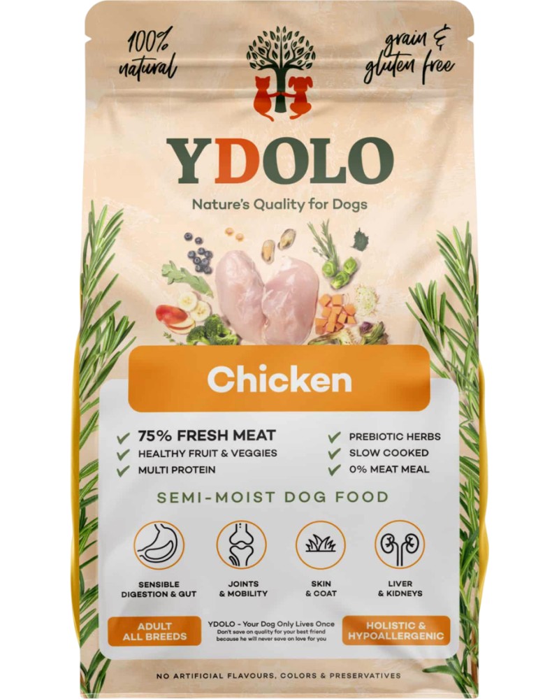 Полувлажна храна за кучета YDOLO Полувлажна храна за кучета YDOLO - 2.5 и 10 kg, с пилешко, в зряла възраст - храна