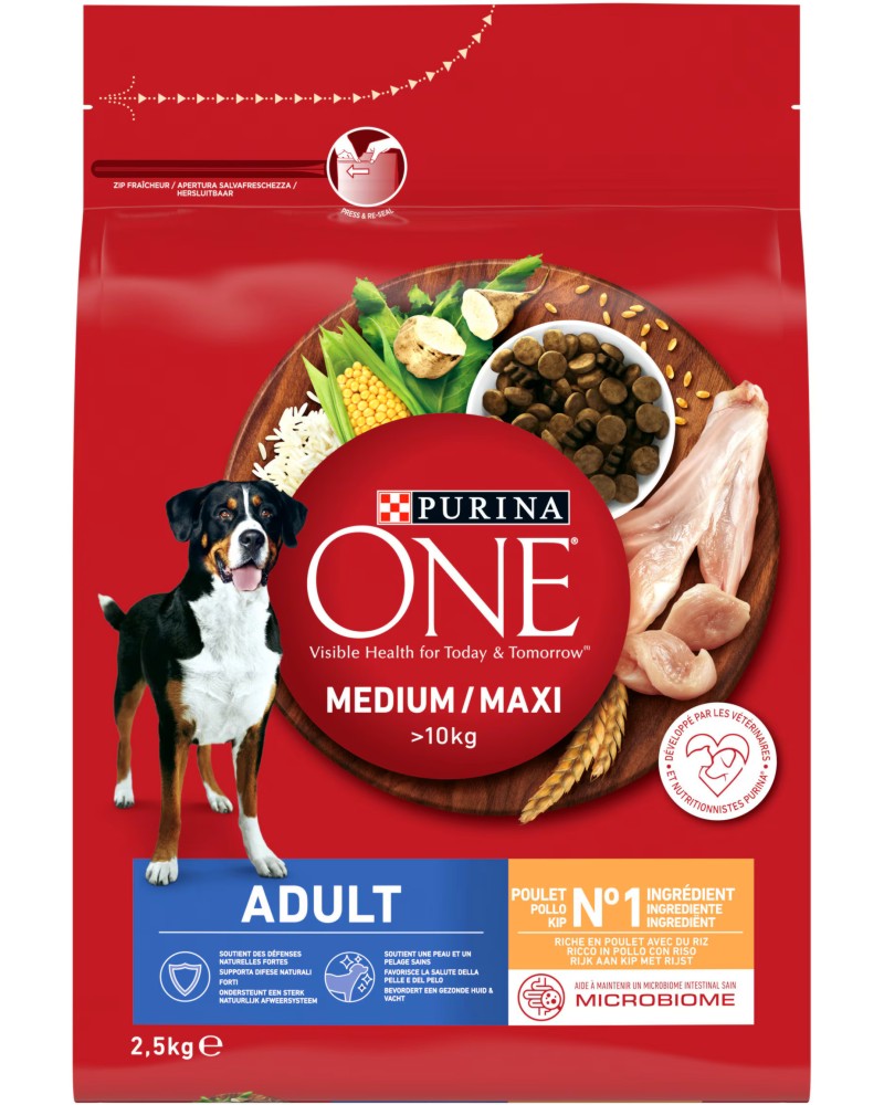 Суха храна за кучета Purina ONE Medium & Maxi Adult Суха храна за кучета Purina ONE Medium & Maxi Adult - 2.5 kg, с пилешко и ориз, за средни и големи породи, в зряла възраст - храна