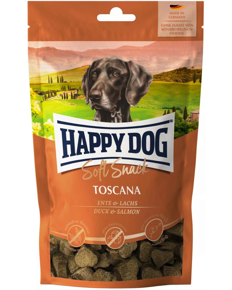 Лакомства за кастрирани кучета Happy Dog Toscana Лакомства за кастрирани кучета Happy Dog Toscana - 100 g, с патешко и сьомга, от серията Soft Snack - храна