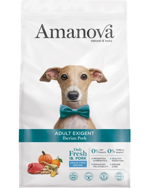 Натурална суха храна за кучета с капризен апетит Amanova Adult Exigent Натурална суха храна за кучета с капризен апетит Amanova Adult Exigent - 2 и 10 kg, със свинско, за всички породи, над 12 месеца - храна