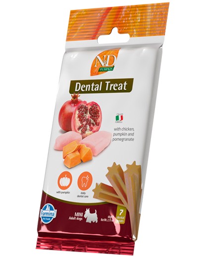 Дентални лакомства за кучета N&D Adult Mini Dental Treat Дентални лакомства за кучета N&D Adult Mini Dental Treat - 60 g, с пилешко, тиква и нар, от серията Pumpkin, за дребни породи, над 4 месеца - храна