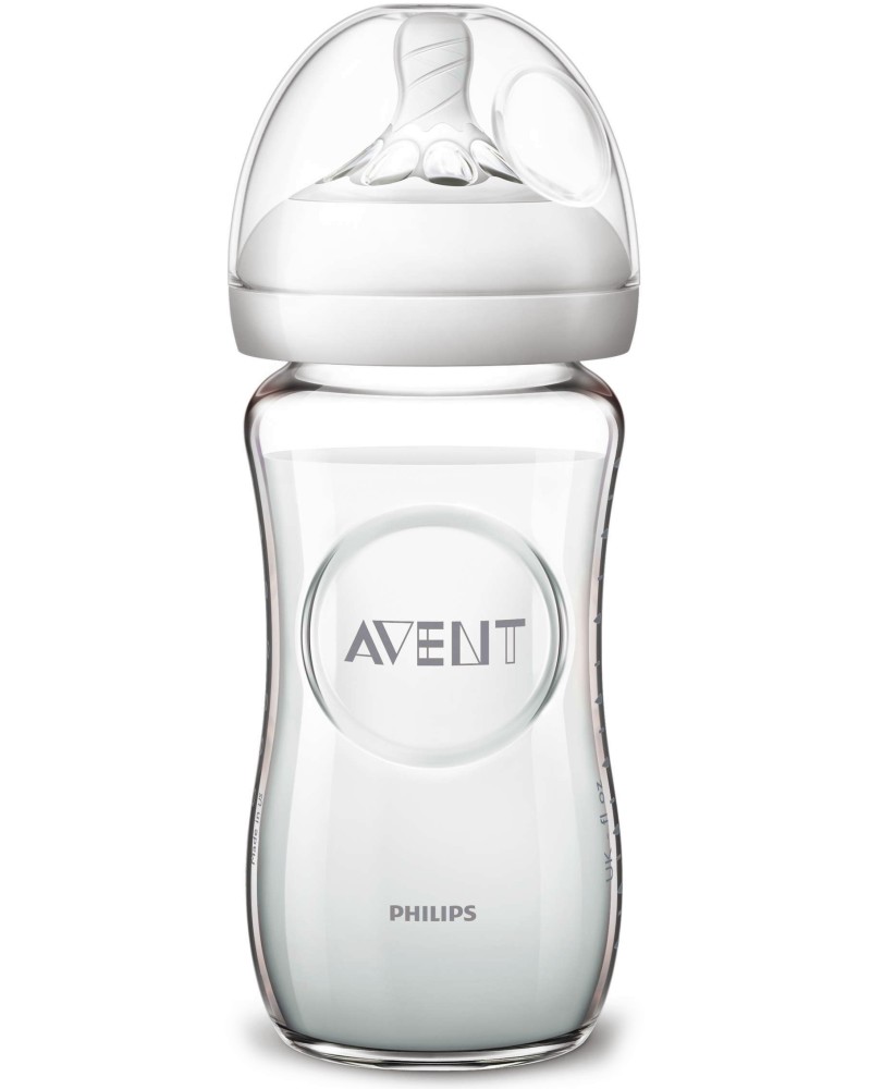 Стъклено бебешко шише Philips Avent - 240 ml, от серията Natural, 1+ м - шише