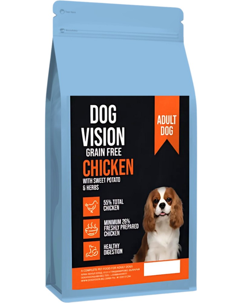 Суха храна за кучета с чувствително храносмилане DOG VISION Grain Free Adult Суха храна за кучета с чувствително храносмилане DOG VISION Grain Free Adult - 2 ÷ 12 kg, с пилешко, сладък картоф и билки, над 1 година, за средни породи - храна