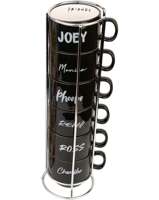 Керамични чаши за кафе Erik Friends Керамични чаши за кафе Erik Friends - 150 ml, 6 броя, с метална стойка на тема Приятели -
