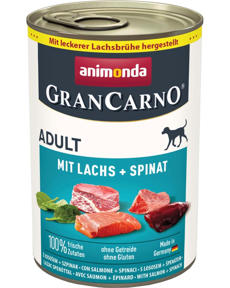 Консерва за кучета GranCarno Adult Консерва за кучета GranCarno Adult - 400 и 800 g, със сьомга и спанак, от 1 до 6 години - храна