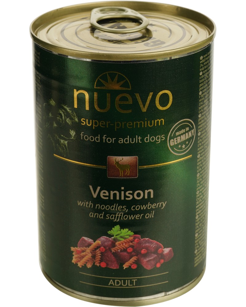 Консерва за кучета nuevo Adult Консерва за кучета nuevo Adult - 400 и 800 g, с еленско, паста и боровинки, в зряла възраст - храна