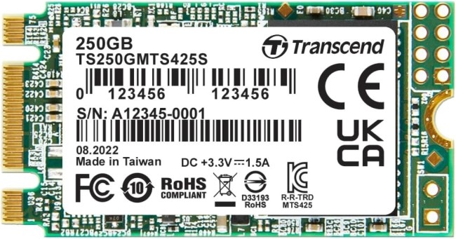 SSD памет Transcend 425S SATA III M.2 SSD памет Transcend 425S SATA III M.2 - 250 GB, четене 550 MB/s, запис 330 MB/s, 3D NAND -
