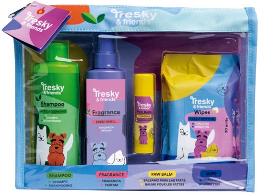 Подаръчен комплект за кучета Tresky & Friends Bag Set Подаръчен комплект за кучета Tresky & Friends Bag Set - С шампоан, балсам за лапи, успокояващ спрей и мокри кърпички - продукт