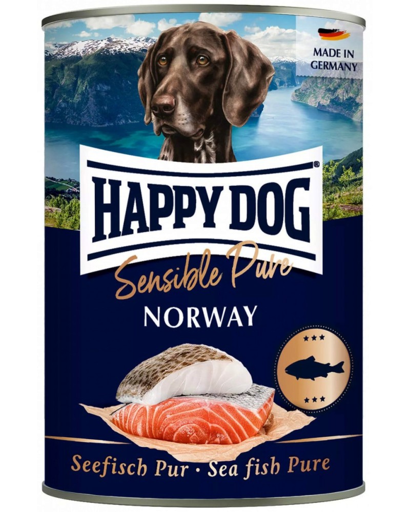 Консерва за кучета с чувствително храносмилане Happy Dog Norway Консерва за кучета с чувствително храносмилане Happy Dog Norway - 200 ÷ 800 g, с морска риба, от серията Sensible, в зряла възраст - храна