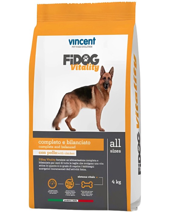 Суха храна за кучета VINCENT Pet Food Fidog Vitality Суха храна за кучета VINCENT Pet Food Fidog Vitality - 4 и 20 kg, с пилешко и говеждо, за всички породи, в зряла възраст - храна