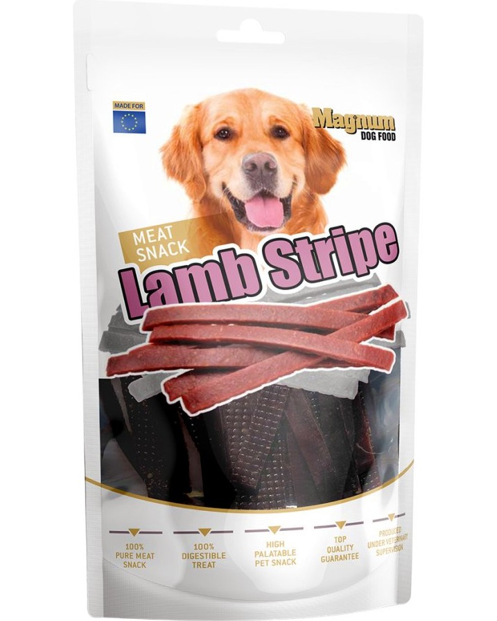 Лакомства за кучета Magnum Meat Snack Stripe Лакомства за кучета Magnum Meat Snack Stripe - 80 g, с агнешко - храна