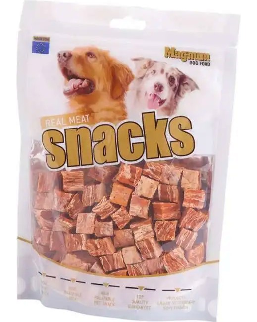 Лакомства за кучета Magnum Real Meat Snacks Лакомства за кучета Magnum Real Meat Snacks - 250 g, с пилешко и треска, за малки, средни и едри породи - храна