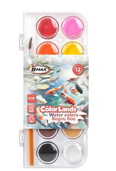 Акварелни бои B-Max — 12 цвята - ∅ 3 см, с четка от серията Color Lands