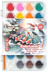 Акварелни бои B-Max — 28 цвята - ∅ 3 см, с четка от серията Color Lands