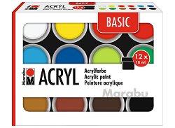 Акрилни бои Marabu Basic Colors — 12 цвята x 18 мл
