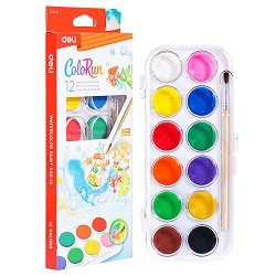 Акварелни бои Deli — 12 цвята, с четка от серията Colorun