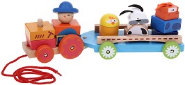 Дървена низанка за дърпане Andreu Toys - Трактор с животни — 16352