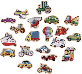 Магнити превозни средства - Комплект дървени фигури в кутия — Andreu Toys 16020