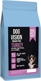 Суха храна за кучета за здрава кожа и красива козина DOG VISION Grain Free Puppy Small — 2 кг, с пуешко, патешко, сладък картоф, копър и лайка, от 0 до 12 месеца, за дребни породи