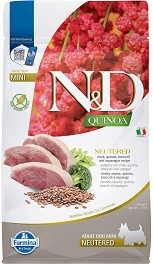 Суха храна за кастрирани кучета N&D Mini Neutered — 0,8 кг, с патешко, киноа, броколи и аспержи, от серията Quinoa, за дребни породи, над 1 година