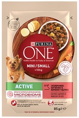 Пауч за активни кучета Purina ONE Active — 85 г, 85 и 4 × 85 г, с говеждо и картофи, от серията Purina ONE MINI, за дребни и малки породи в зряла възраст