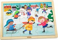 Зима - Дървен пъзел от 24 части в подложка — Viga Toys