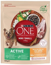 Суха храна за активни кучета Purina ONE Active — 0,8 кг, с пилешко и ориз, от серията Purina ONE MINI, за дребни и малки породи в зряла възраст