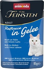 Пауч за котки Animonda Vom Feinsten Raffinesse - 24 × 85 г, с пилешко и сьомга в желе, в зряла възраст