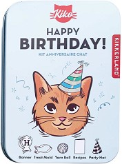 Комплект за котки за рожден ден Kiko Cat Happy Birthday Kit - С книжка с рецепти, форма за сладки, шапка, надпис и топка