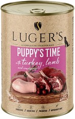 Консерви за кучета Luger's - 6 × 400 г, с пуешко, агнешко и червени боровинки, от серията Puppy's Time, за подрастващи кучета
