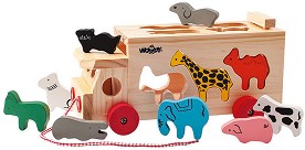 Дървен сортер Woodyland - Камионче с животни - Играчка за сортиране и дърпане — 91199