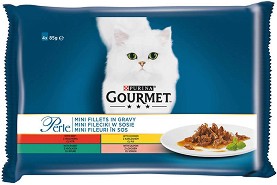 Паучове за котки Gourmet - 4 × 85 г, с пилешко, говеждо, заешко и сьомга в сос, от серията Perle, за над 1 година