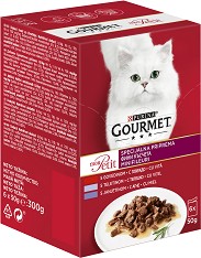 Паучове за котки Gourmet - 6 × 50 г, с говеждо, телешко и агнешко месо в сос, от серията Mon Petit, за над 1 година