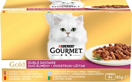 Консерви за котки Gourmet - 4 × 85 г, с месни и рибни хапки в сос, от серията Gold, за над 1 година
