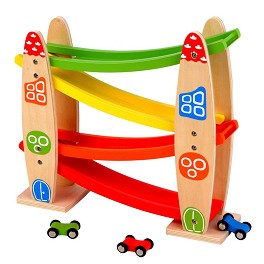 Дървена състезателна писта роли Lelin Toys - Комплект с 3 колички — L10056
