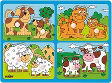 Животни и техните малки - Ферма - Дървен пъзел с дръжки в подложка — Woodyland 91913