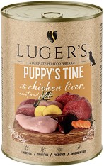 Консерви за кучета Luger's - 6 × 400 г, с пилешки дробчета, моркови и картофи, от серията Puppy's Time, за подрастващи кучета