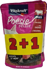 Паучове за котки Vitakraft Delice - 2 + 1 подарък x 85 г, с говеждо и пилешко в сос, от серията Poesie