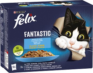 Паучове за котки Felix Fantastic - 12 × 85 г, с риба тон, сьомга, треска и писия в желе, за над 1 година