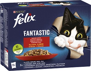 Паучове за котки Felix Fantastic - 12 × 85 г, с говеждо, заешко, агнешко и пилешко месо в желе, за над 1 година