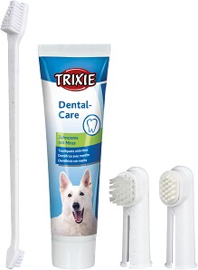 Комплект за дентална хигиена за кучета Trixie - С 3 четки и паста за зъби с аромат на мента