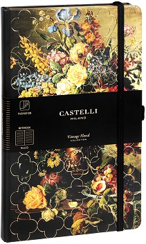 Луксозен тефтер с ластик Castelli Rose - 13 × 21 см, с широки редове от колекция Vintage Floral
