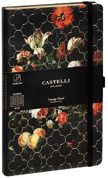 Луксозен тефтер с ластик Castelli Tulip - 13 × 21 см, с широки редове от колекция Vintage Floral