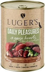 Консерви за кучета Luger's — 6 × 400 г, 6 × 400 и 6 × 800 г, с гъши сърца, броколи и зелен грах, от серията Daily Pleasures, в зряла възраст