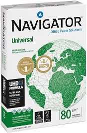Бяла копирна хартия - Navigator Universal - 500 листа A4 с плътност 80 g/m<sup>2</sup> и белота 169 - 