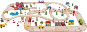 Дървена влакова композиция Bigjigs Toys - Град - С релси и аксесоари — bjt032