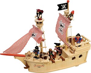 Дървен пиратски кораб с екипаж Bigjigs Toys - Парагон - С аксесоари — T0094